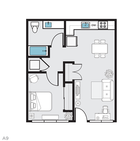 Floor plan for 1 bed, 1 bath, 612 sqft