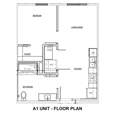 Floor plan for 1 bed, 1 bath, 592 sqft