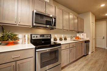 Gray weathered style, wood cabinets, complimented by modern hardware