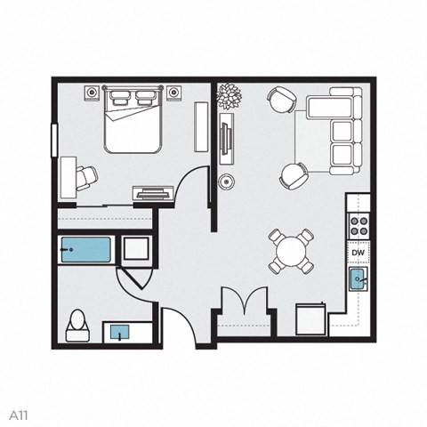 Floor plan for 1 bed, 1 bath, 640 sqft