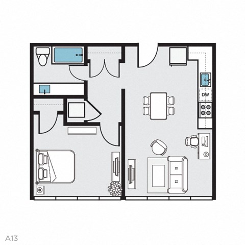 Floor plan for 1 bed, 1 bath, 647 sqft