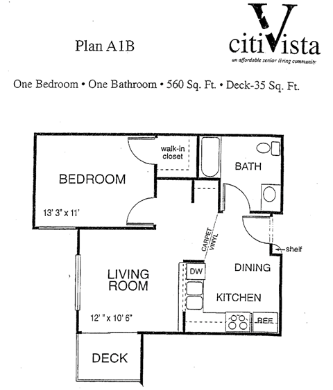 Floor plan for 1 bed, 1 bath, 560 sqft