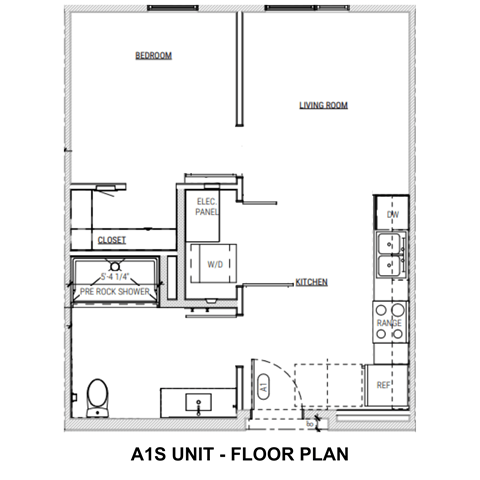 Floor plan for 1 bed, 1 bath, 532 sqft