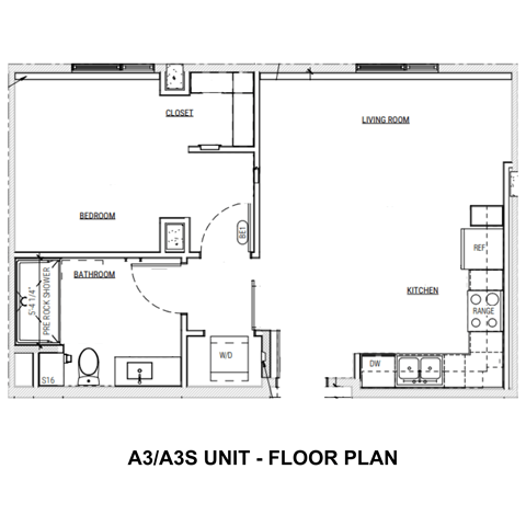 Floor plan for 1 bed, 1 bath, 624 sqft