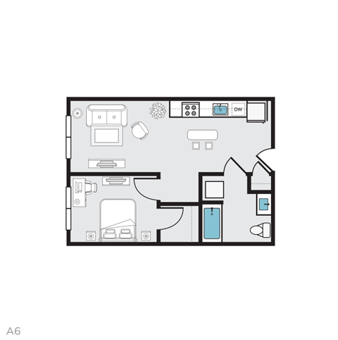 Floor plan for 1 bed, 1 bath, 565 sqft