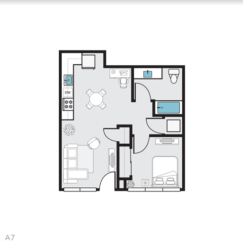 Floor plan for 1 bed, 1 bath, 577 sqft