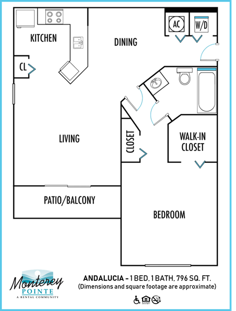 Floor plan for 1 bed, 1 bath, 796 sqft