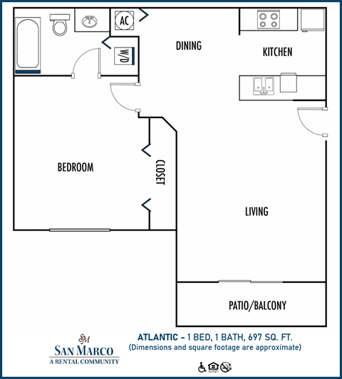 Floor plan for 1 bed, 1 bath, 700 sqft