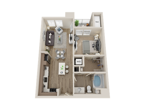 Floor plan for 1 bed, 1 bath, 618 sqft