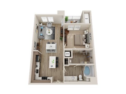 Floor plan for 1 bed, 1 bath, 798 sqft