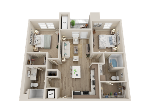 Floor plan for 2 beds, 2 baths, 959 sqft