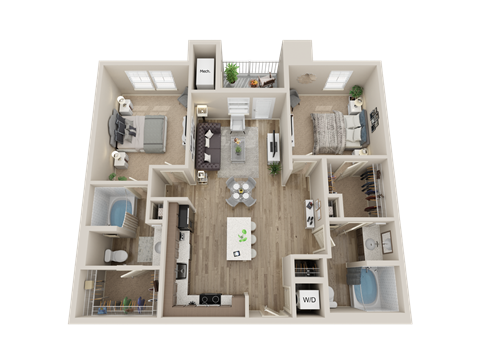 Floor plan for 2 beds, 2 baths, 1058 sqft