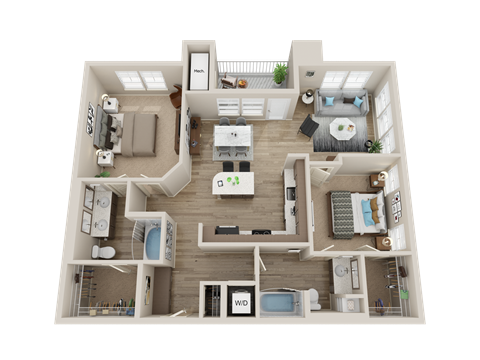Floor plan for 2 beds, 2 baths, 1149 sqft