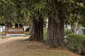 Rohnert Park apartment for rent - Pet Friendly Apartments in Rohnert Park - Americana - Wooden Entrance Sign and Large Trees and Bushes