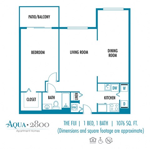 Floor plan for 1 bed, 1 bath, 1076 sqft