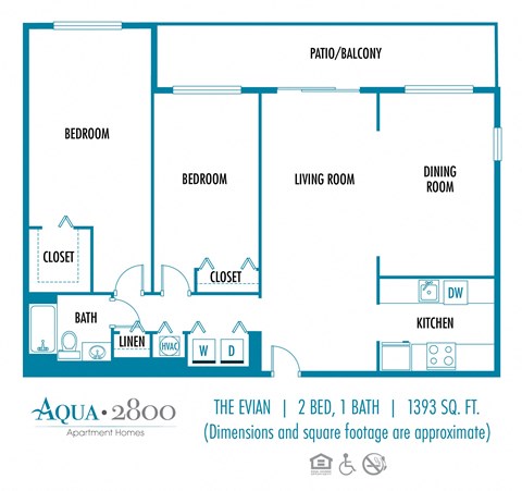 Floor plan for 2 beds, 1 bath, 1393 sqft