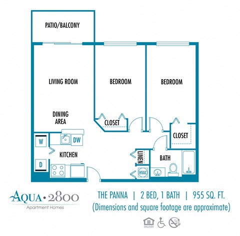 Floor plan for 2 beds, 1 bath, 955 sqft