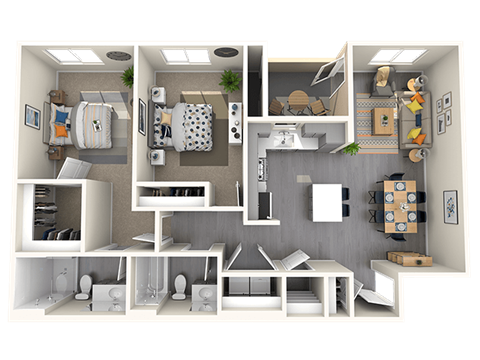 Floor plan for 2 beds, 2 baths, 1077 sqft