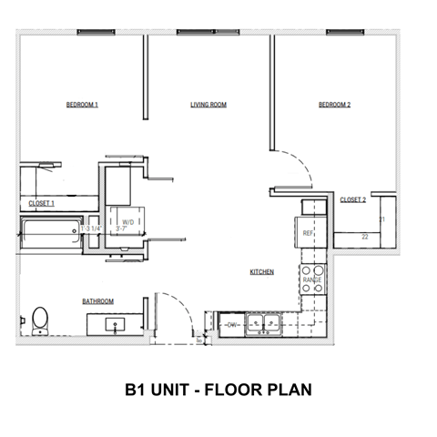 Floor plan for 2 beds, 1 bath, 799 sqft