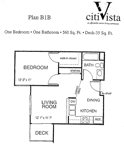 Floor plan for 1 bed, 1 bath, 560 sqft