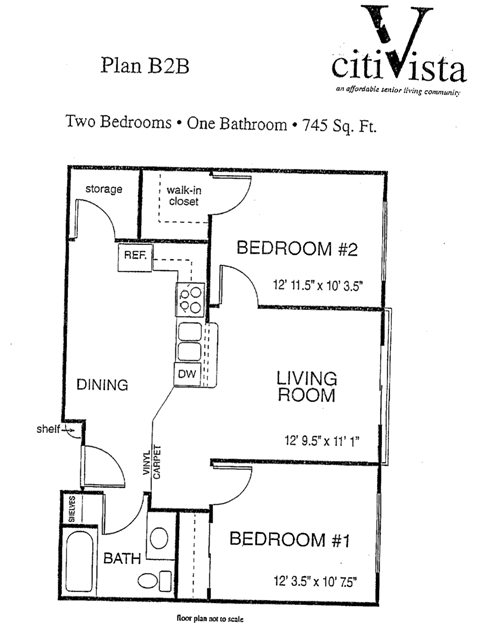 Floor plan for 2 beds, 1 bath, 745 sqft