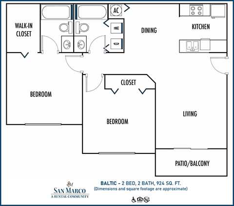 Floor plan for 2 beds, 2 baths, 924 sqft