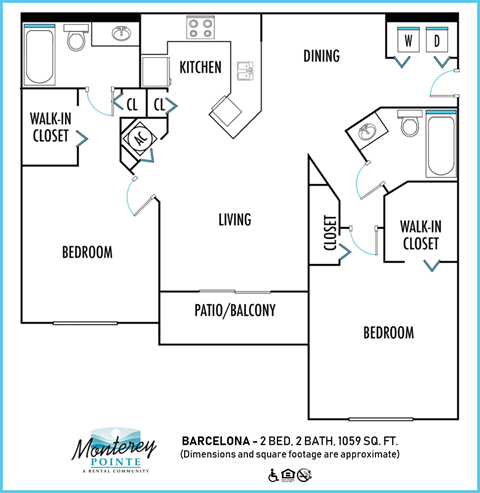 Floor plan for 2 beds, 2 baths, 1059 sqft