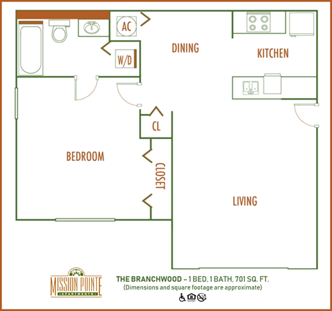 Floor plan for 1 bed, 1 bath, 705 sqft