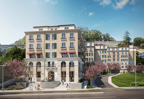 Belmont apartment for rent - A modern building exterior is surrounded by trees and people.