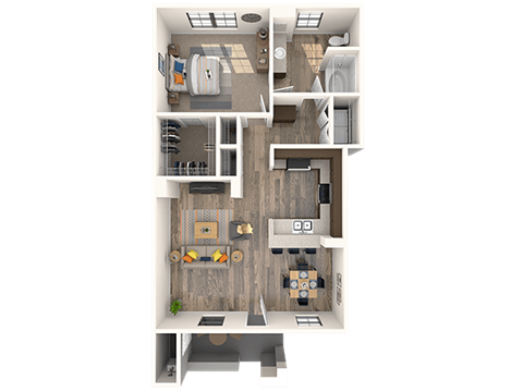 Floor plan for 1 bed, 1 bath, 882 sqft