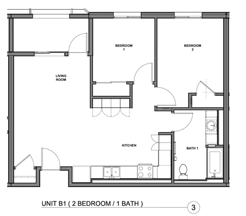 Floor plan for 2 beds, 1 bath, 815 sqft