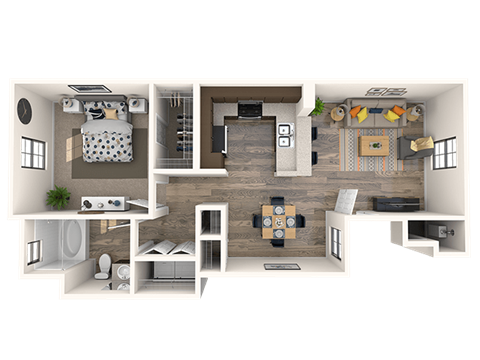 Floor plan for 1 bed, 1 bath, 718 sqft