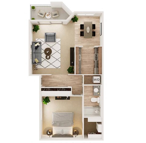 Floor plan for 1 bed, 1 bath, 735 sqft