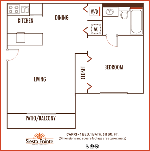Floor plan for 1 bed, 1 bath, 658 sqft