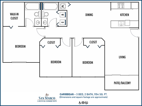 Floor plan for 3 beds, 2 baths, 1154 sqft