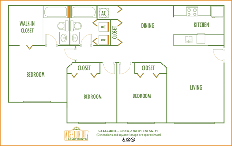 Floor plan for 3 beds, 2 baths, 1154 sqft