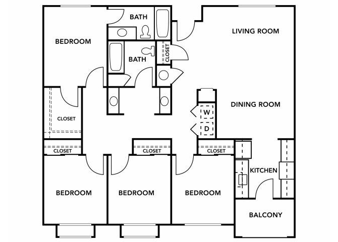 Floor plan for 4 beds, 2 baths, 367 sqft