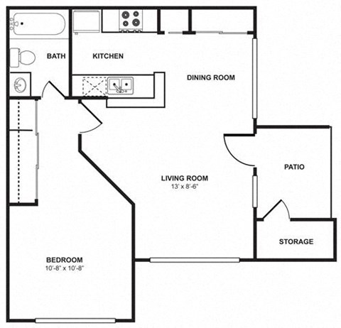 Floor plan for 1 bed, 1 bath, 610 sqft