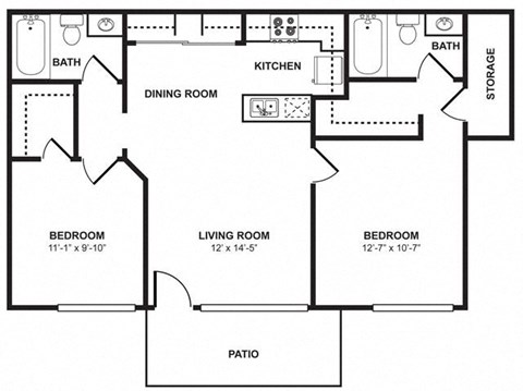 Floor plan for 2 beds, 2 baths, 850 sqft