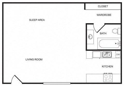 Floor plan for studio, 1 bath, 575 sqft