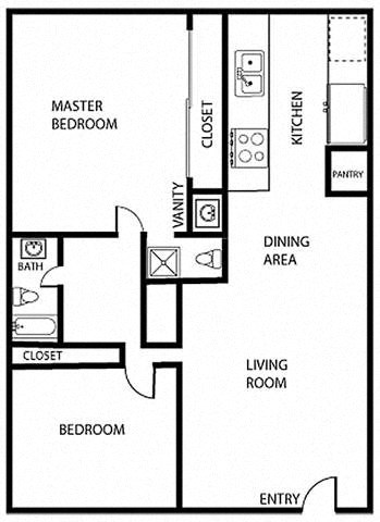 Floor plan for 2 beds, 2 baths, 1000 sqft