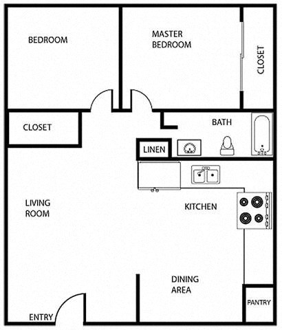 Floor plan for 2 beds, 1 bath, 850 sqft