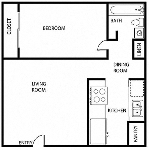 Floor plan for 1 bed, 1 bath, 700 sqft