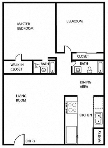 Floor plan for 2 beds, 1.5 baths, 950 sqft