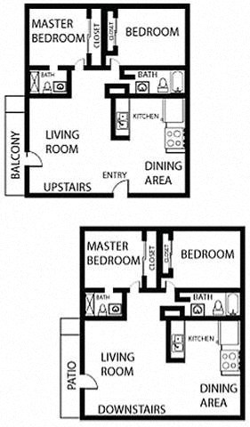 Floor plan for 2 beds, 2 baths, 950 sqft