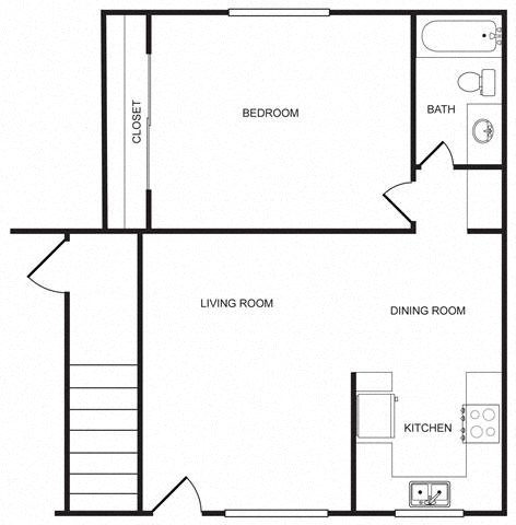 Floor plan for 1 bed, 1 bath, 756 sqft