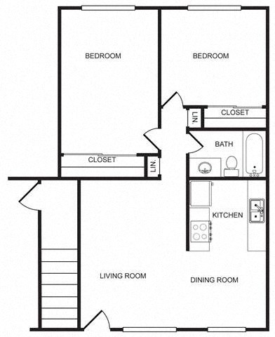 Floor plan for 2 beds, 1 bath, 849 sqft