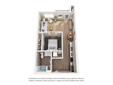 Floor plan for studio, 1 bath, 638 sqft