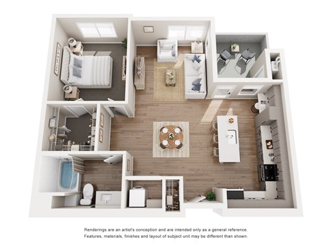 Floor plan for 1 bed, 1 bath, 886 sqft