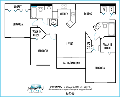 Floor plan for 3 beds, 2 baths, 1211 sqft